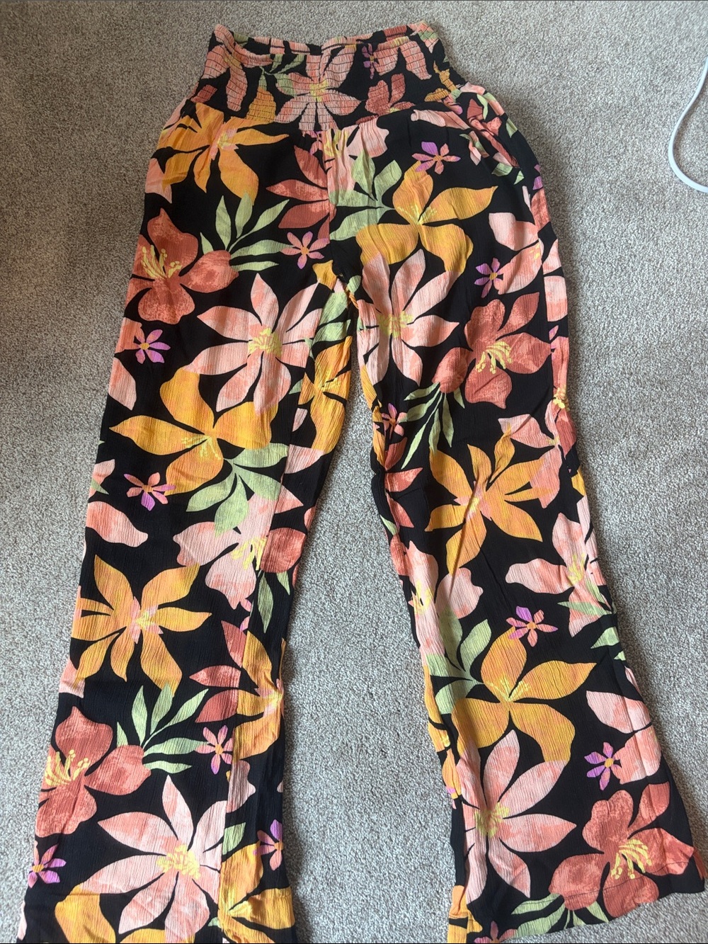 Billabong Flowy Floral Pants with Pink, Yellow & Green Blooms